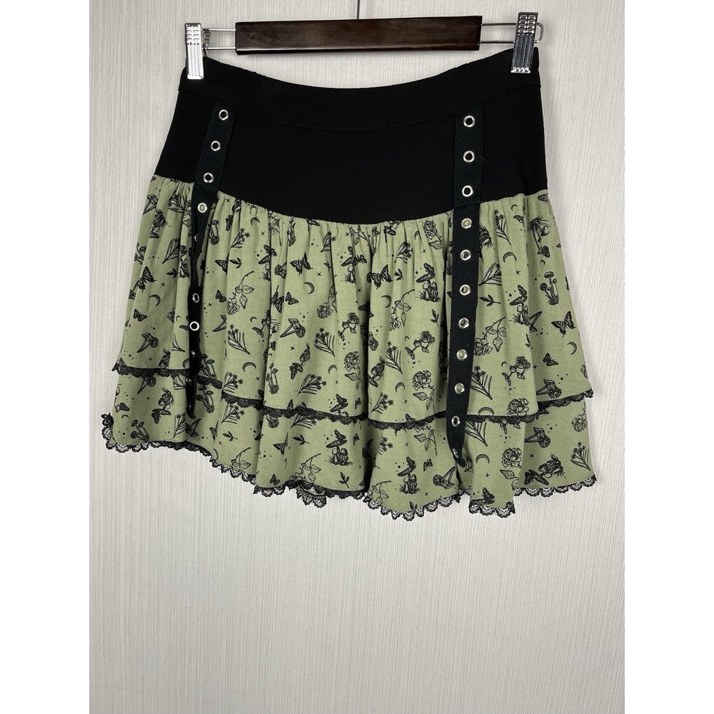 Thorn & Fable Whimsigoth Lace Trim‎ Mini Skirt S Green Grommet Fairy Grunge